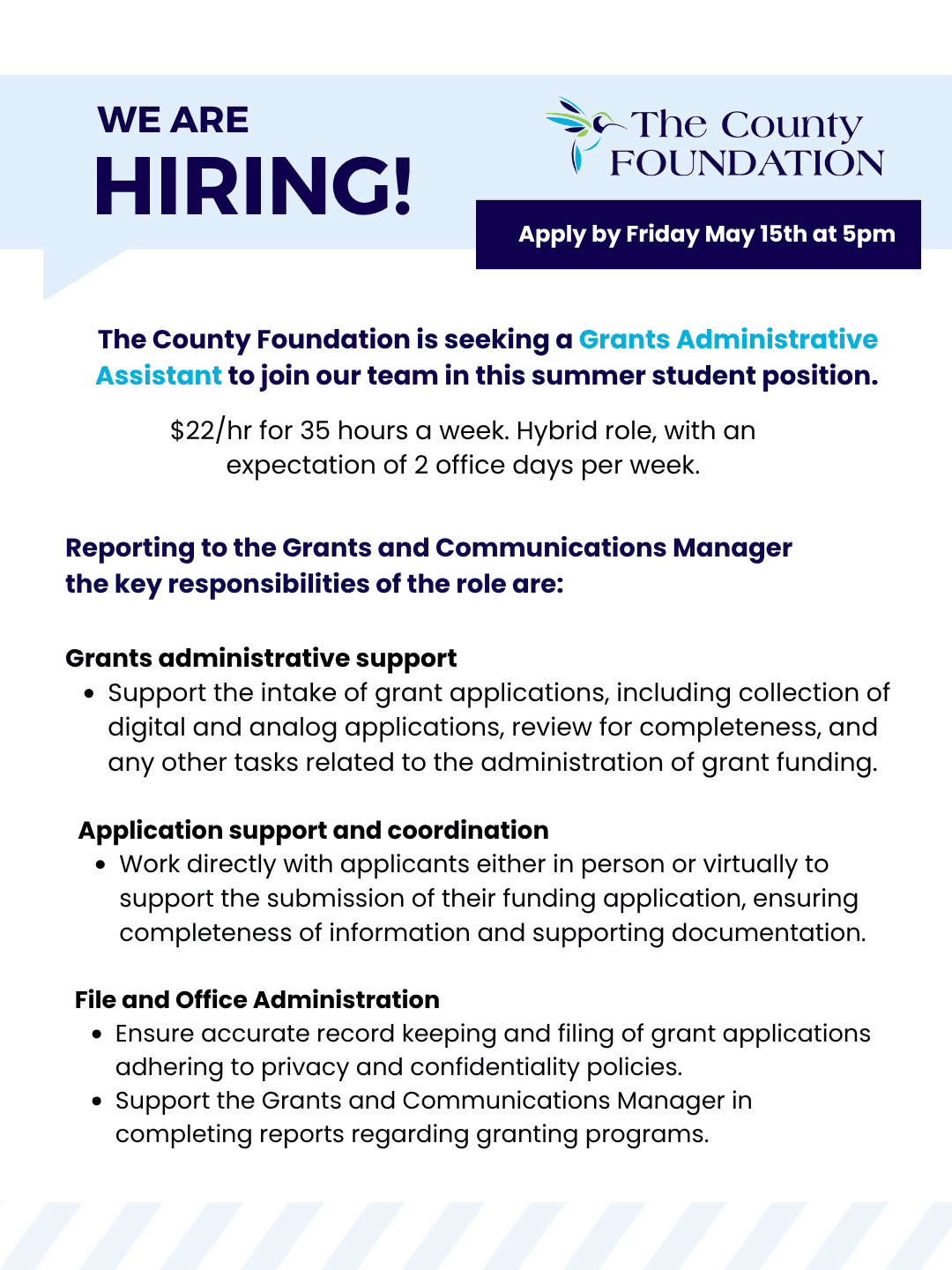 Hiring Grants Administrative Assistant (Summer Student Position)